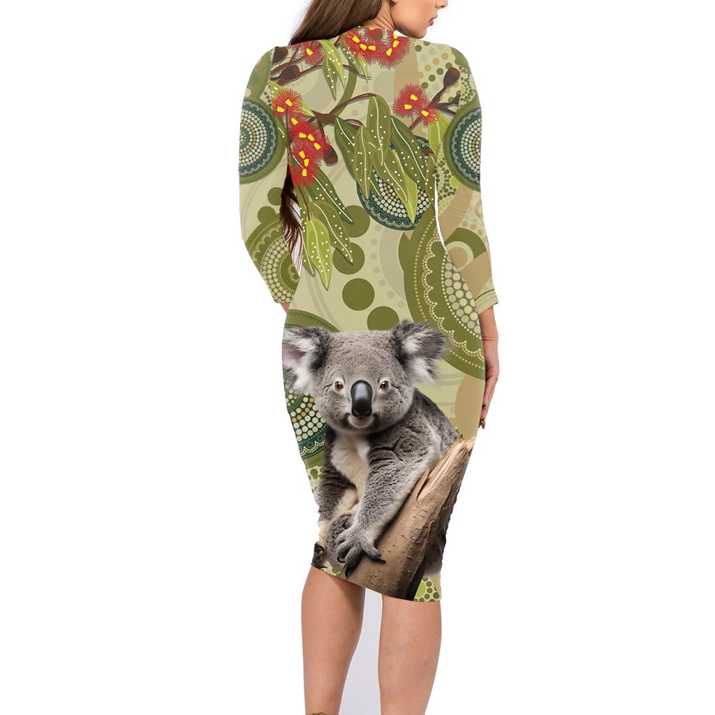 Aboriginal Koala Art Painting With Gum Blossom Family Matching Long Sleeve Bodycon Dress and Hawaiian Shirt