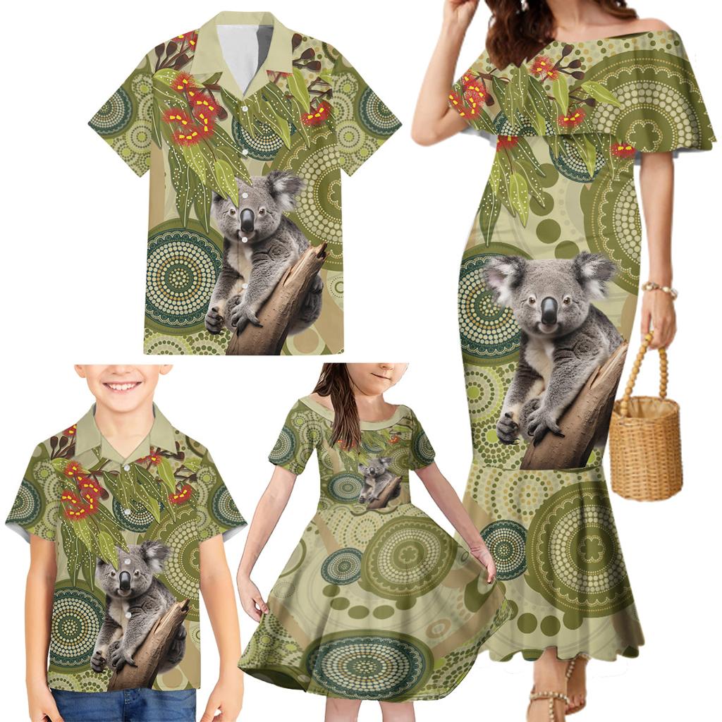 Aboriginal Koala Art Painting With Gum Blossom Family Matching Mermaid Dress and Hawaiian Shirt