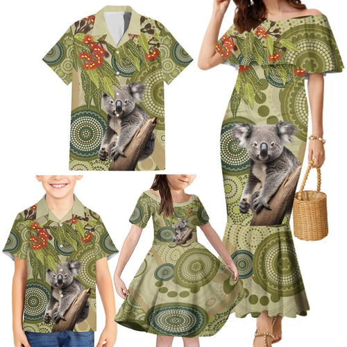 Aboriginal Koala Art Painting With Gum Blossom Family Matching Mermaid Dress and Hawaiian Shirt