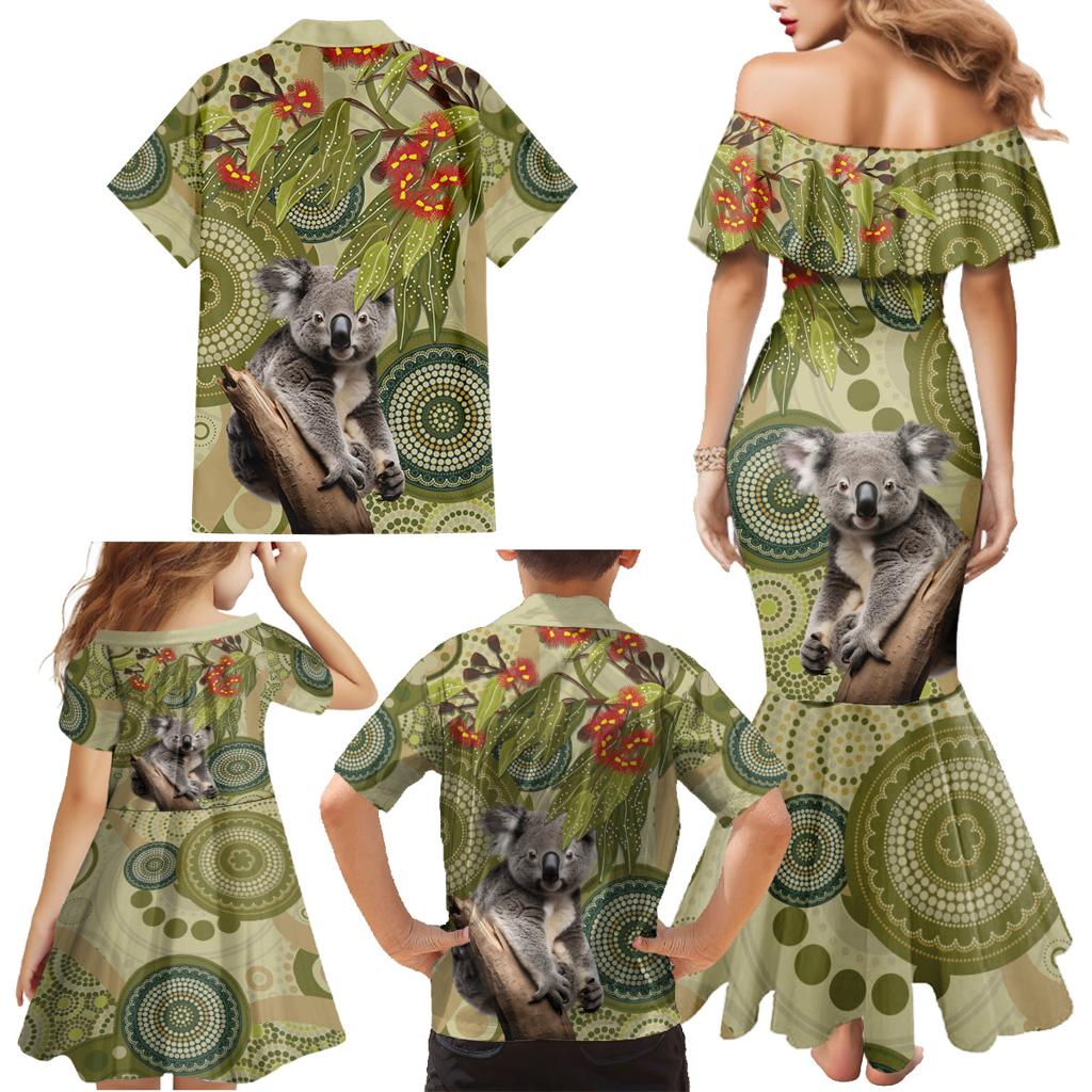 Aboriginal Koala Art Painting With Gum Blossom Family Matching Mermaid Dress and Hawaiian Shirt