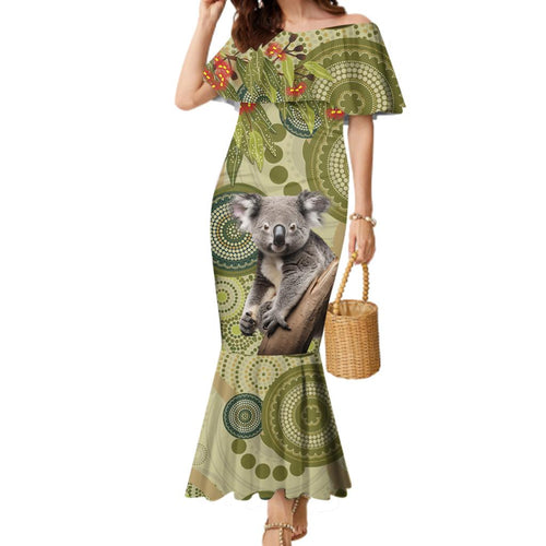 Aboriginal Koala Art Painting With Gum Blossom Family Matching Mermaid Dress and Hawaiian Shirt