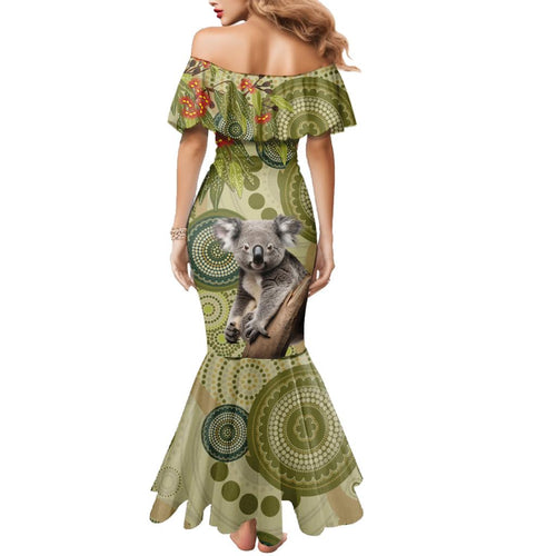 Aboriginal Koala Art Painting With Gum Blossom Family Matching Mermaid Dress and Hawaiian Shirt