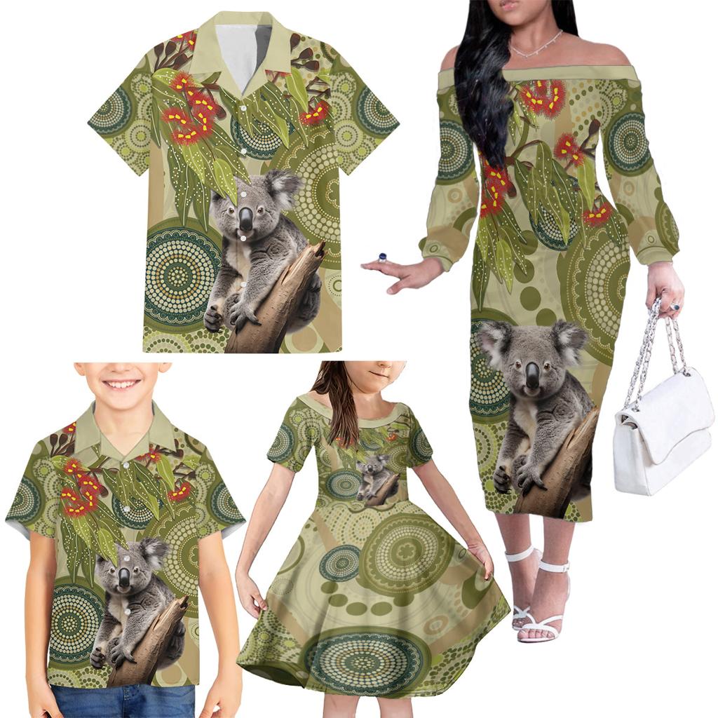 Aboriginal Koala Art Painting With Gum Blossom Family Matching Off The Shoulder Long Sleeve Dress and Hawaiian Shirt