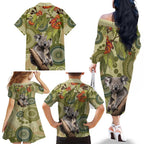Aboriginal Koala Art Painting With Gum Blossom Family Matching Off The Shoulder Long Sleeve Dress and Hawaiian Shirt