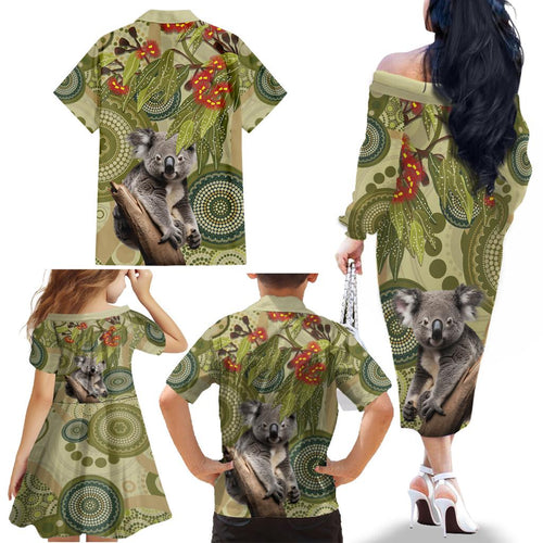 Aboriginal Koala Art Painting With Gum Blossom Family Matching Off The Shoulder Long Sleeve Dress and Hawaiian Shirt
