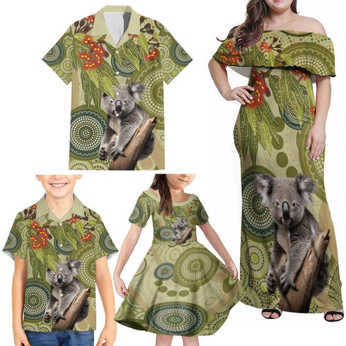 Aboriginal Koala Art Painting With Gum Blossom Family Matching Off Shoulder Maxi Dress and Hawaiian Shirt