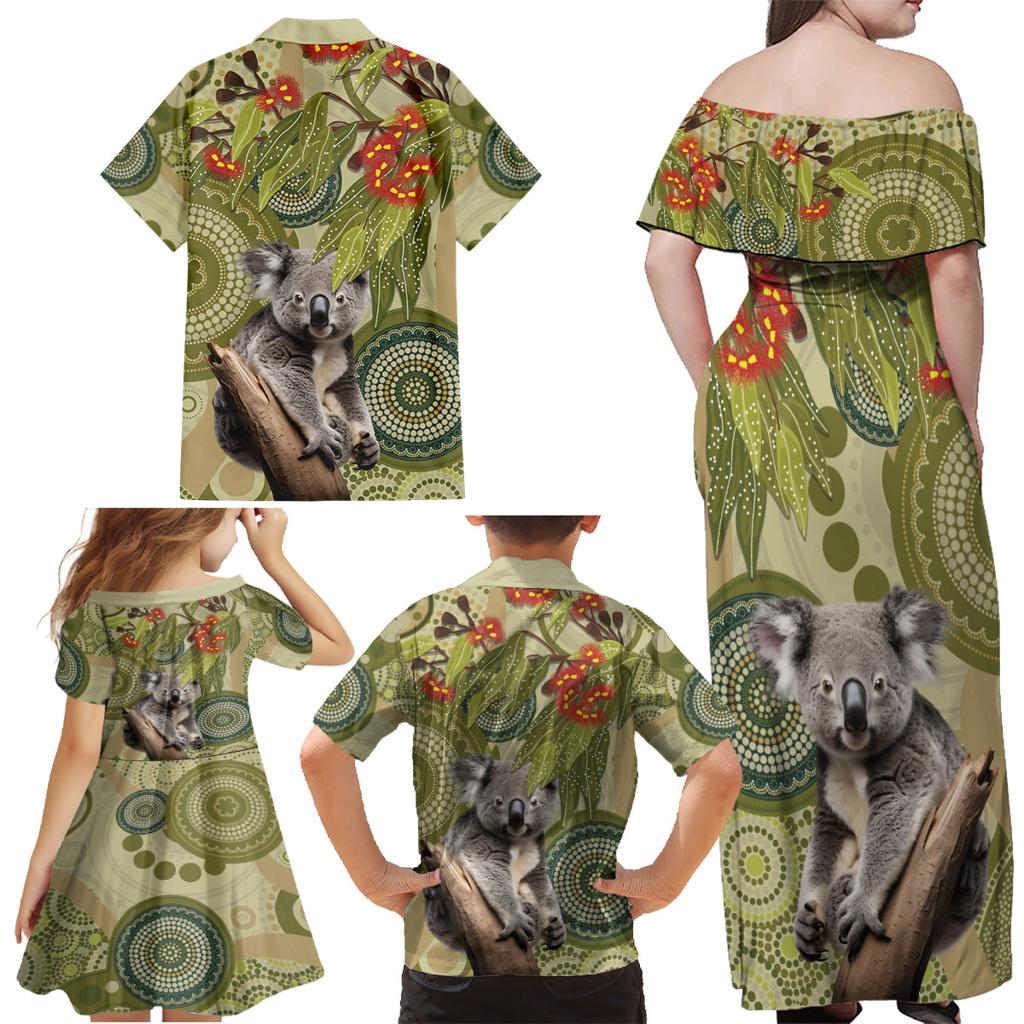 Aboriginal Koala Art Painting With Gum Blossom Family Matching Off Shoulder Maxi Dress and Hawaiian Shirt