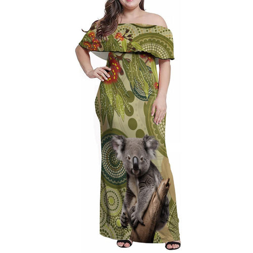 Aboriginal Koala Art Painting With Gum Blossom Family Matching Off Shoulder Maxi Dress and Hawaiian Shirt