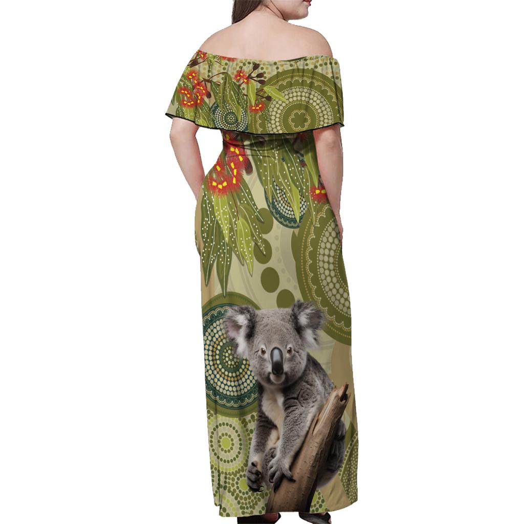 Aboriginal Koala Art Painting With Gum Blossom Family Matching Off Shoulder Maxi Dress and Hawaiian Shirt