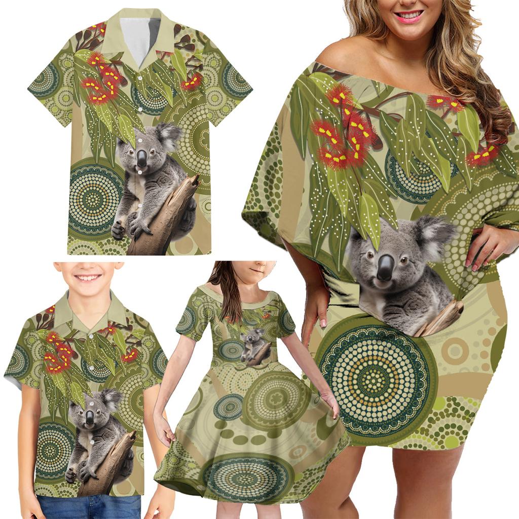 Aboriginal Koala Art Painting With Gum Blossom Family Matching Off Shoulder Short Dress and Hawaiian Shirt