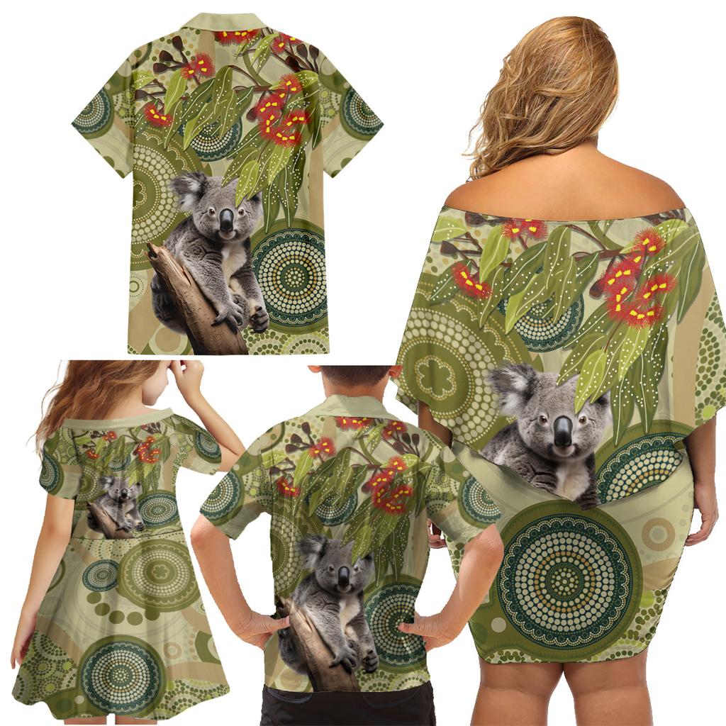 Aboriginal Koala Art Painting With Gum Blossom Family Matching Off Shoulder Short Dress and Hawaiian Shirt