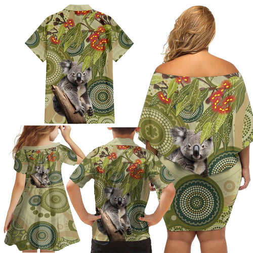Aboriginal Koala Art Painting With Gum Blossom Family Matching Off Shoulder Short Dress and Hawaiian Shirt