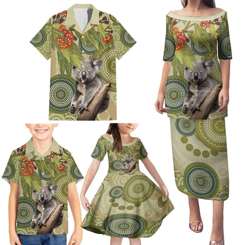 Aboriginal Koala Art Painting With Gum Blossom Family Matching Puletasi and Hawaiian Shirt