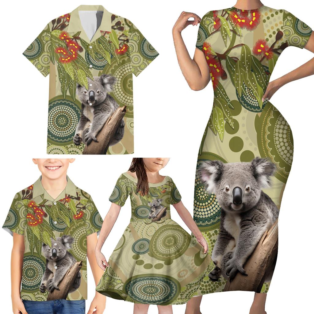 Aboriginal Koala Art Painting With Gum Blossom Family Matching Short Sleeve Bodycon Dress and Hawaiian Shirt