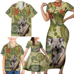 Aboriginal Koala Art Painting With Gum Blossom Family Matching Short Sleeve Bodycon Dress and Hawaiian Shirt