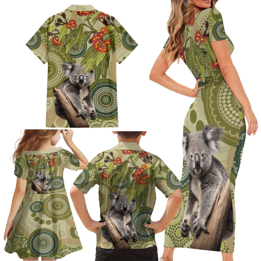 Aboriginal Koala Art Painting With Gum Blossom Family Matching Short Sleeve Bodycon Dress and Hawaiian Shirt