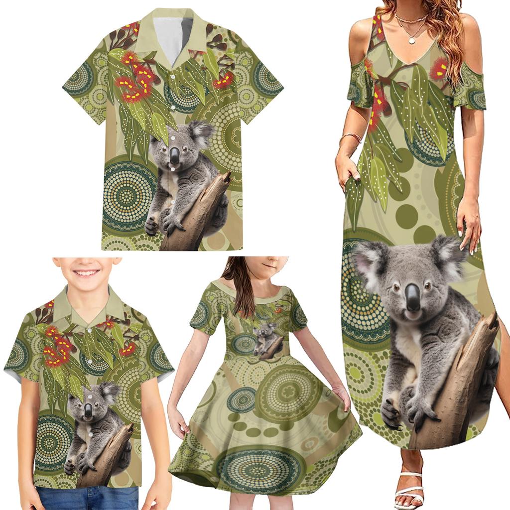 Aboriginal Koala Art Painting With Gum Blossom Family Matching Summer Maxi Dress and Hawaiian Shirt
