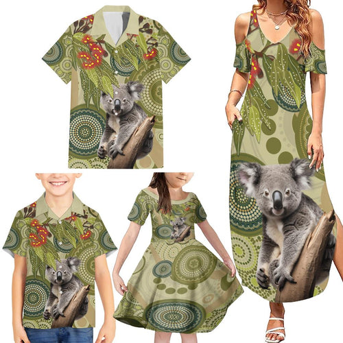 Aboriginal Koala Art Painting With Gum Blossom Family Matching Summer Maxi Dress and Hawaiian Shirt