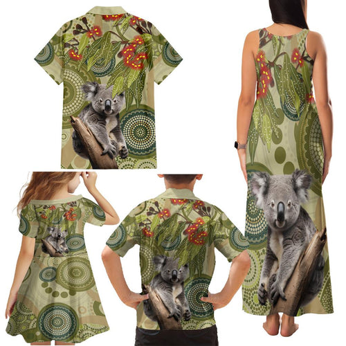 Aboriginal Koala Art Painting With Gum Blossom Family Matching Tank Maxi Dress and Hawaiian Shirt
