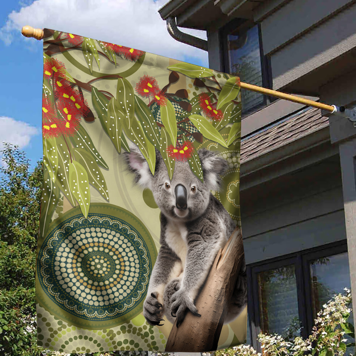 Aboriginal Koala Art Painting With Gum Blossom Garden Flag