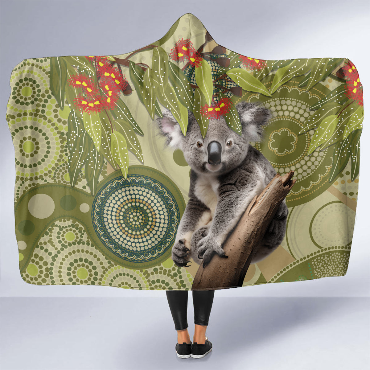 Aboriginal Koala Art Painting With Gum Blossom Hooded Blanket