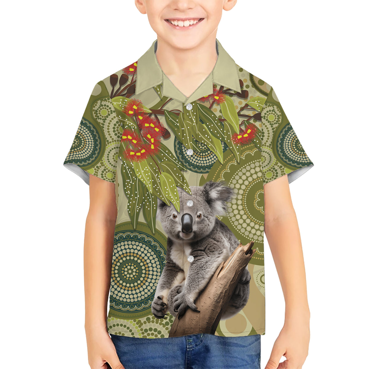 Aboriginal Koala Art Painting With Gum Blossom Kid Hawaiian Shirt