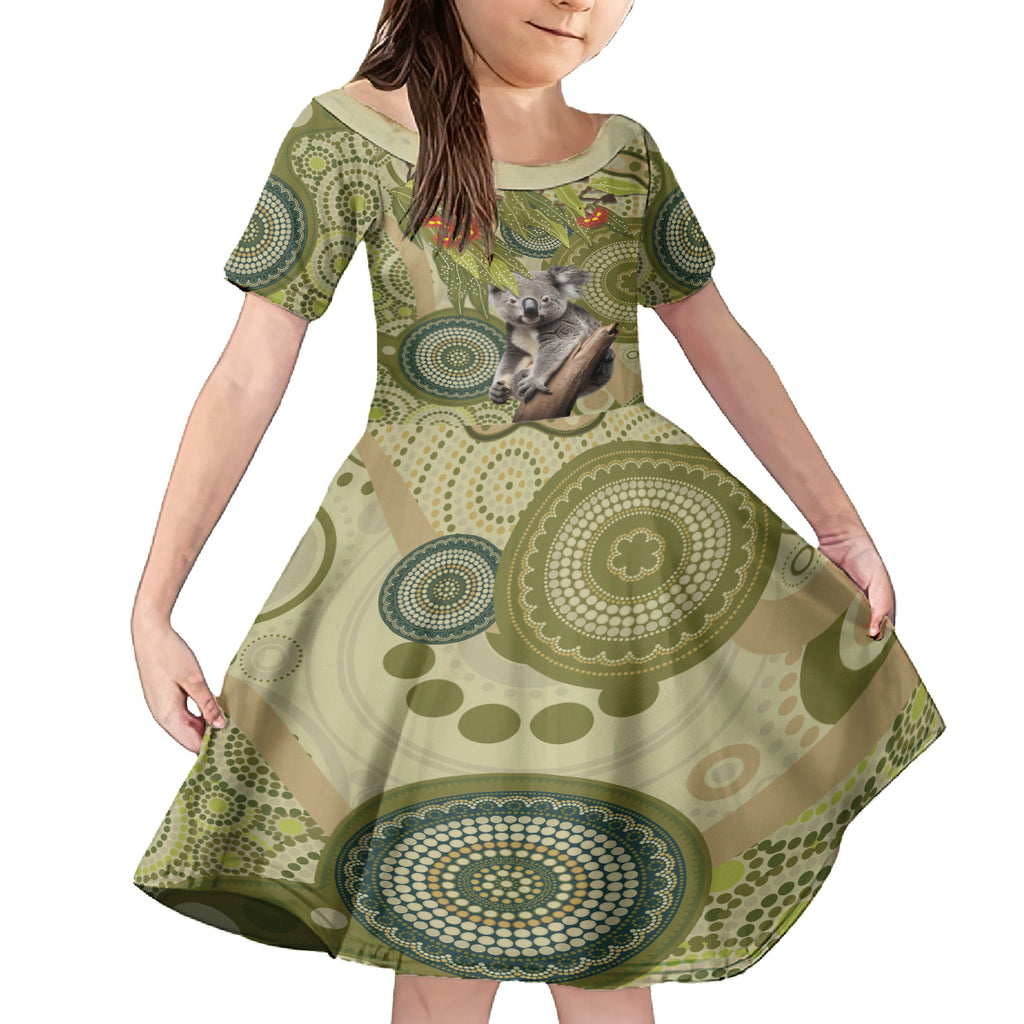 Aboriginal Koala Art Painting With Gum Blossom Kid Short Sleeve Dress