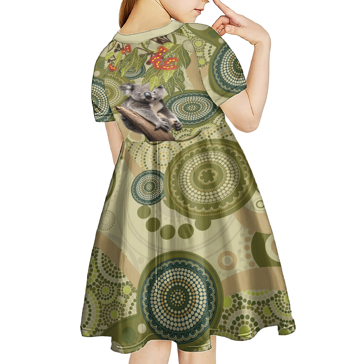Aboriginal Koala Art Painting With Gum Blossom Kid Short Sleeve Dress