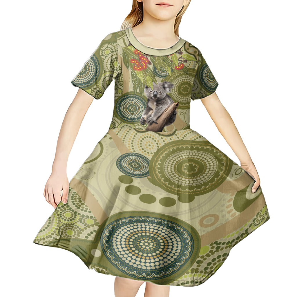 Aboriginal Koala Art Painting With Gum Blossom Kid Short Sleeve Dress