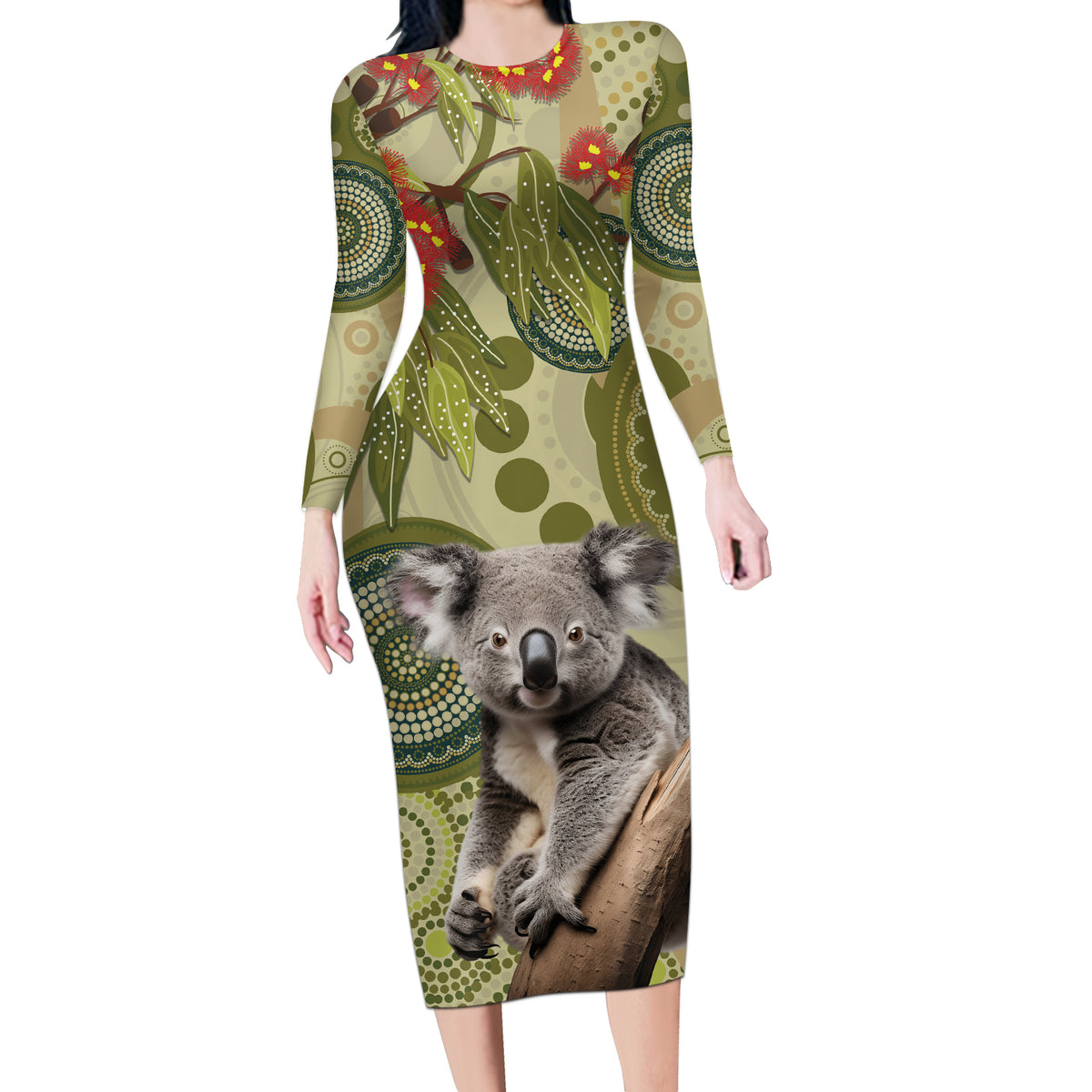 Aboriginal Koala Art Painting With Gum Blossom Long Sleeve Bodycon Dress