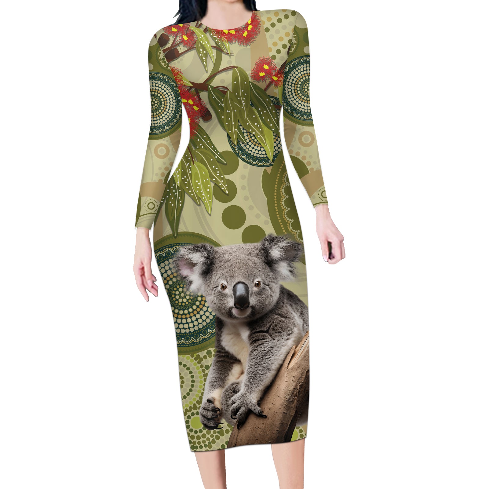 Aboriginal Koala Art Painting With Gum Blossom Long Sleeve Bodycon Dress