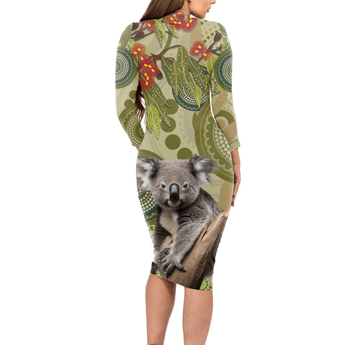 Aboriginal Koala Art Painting With Gum Blossom Long Sleeve Bodycon Dress