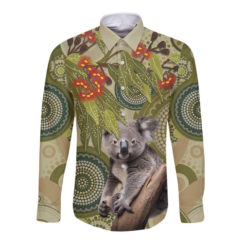 Aboriginal Koala Art Painting With Gum Blossom Long Sleeve Button Shirt