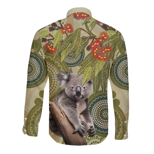 Aboriginal Koala Art Painting With Gum Blossom Long Sleeve Button Shirt