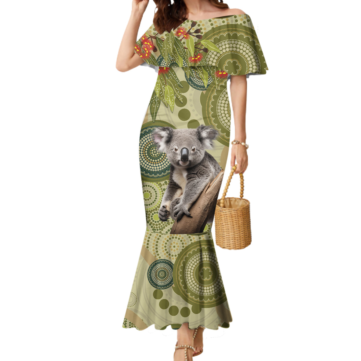 Aboriginal Koala Art Painting With Gum Blossom Mermaid Dress