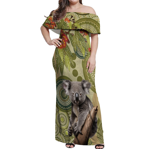 Aboriginal Koala Art Painting With Gum Blossom Off Shoulder Maxi Dress