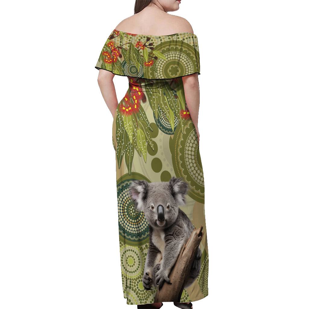 Aboriginal Koala Art Painting With Gum Blossom Off Shoulder Maxi Dress