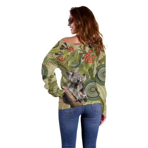Aboriginal Koala Art Painting With Gum Blossom Off Shoulder Sweater