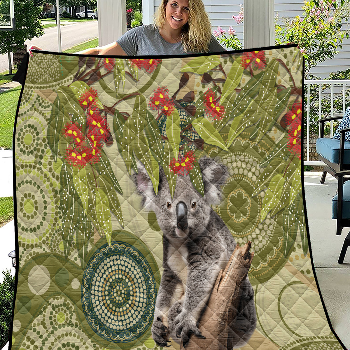 Aboriginal Koala Art Painting With Gum Blossom Quilt
