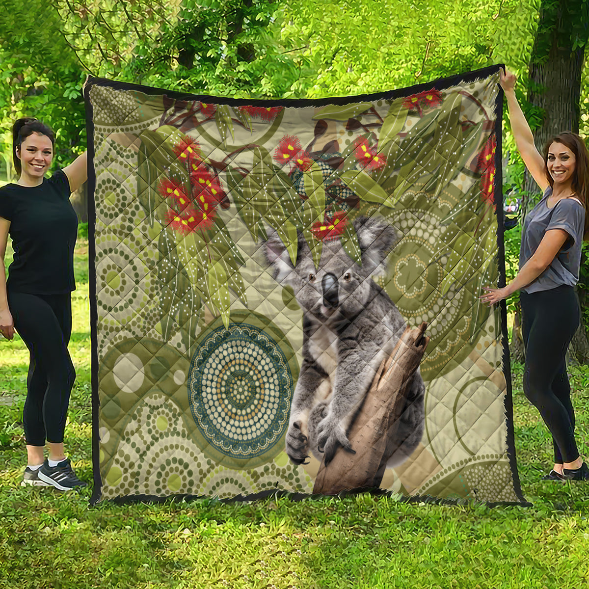 Aboriginal Koala Art Painting With Gum Blossom Quilt