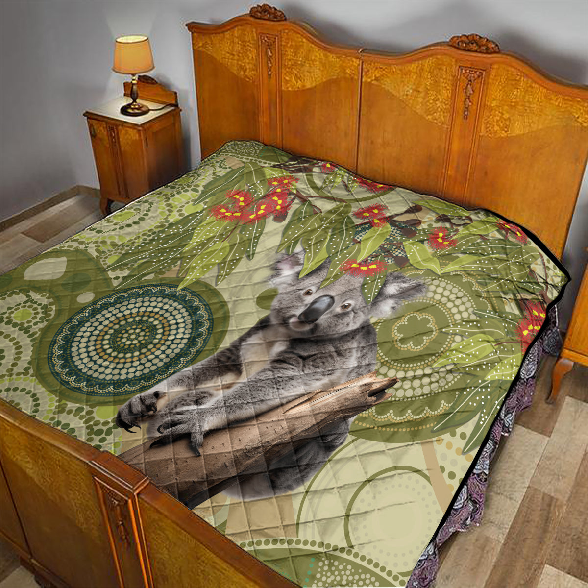 Aboriginal Koala Art Painting With Gum Blossom Quilt