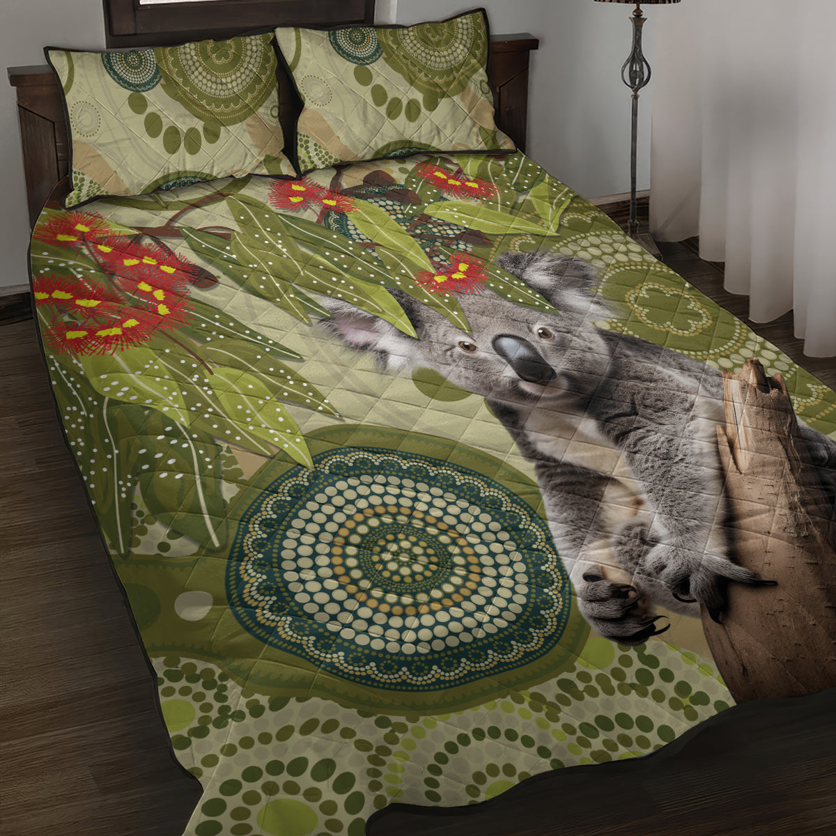 Aboriginal Koala Art Painting With Gum Blossom Quilt Bed Set