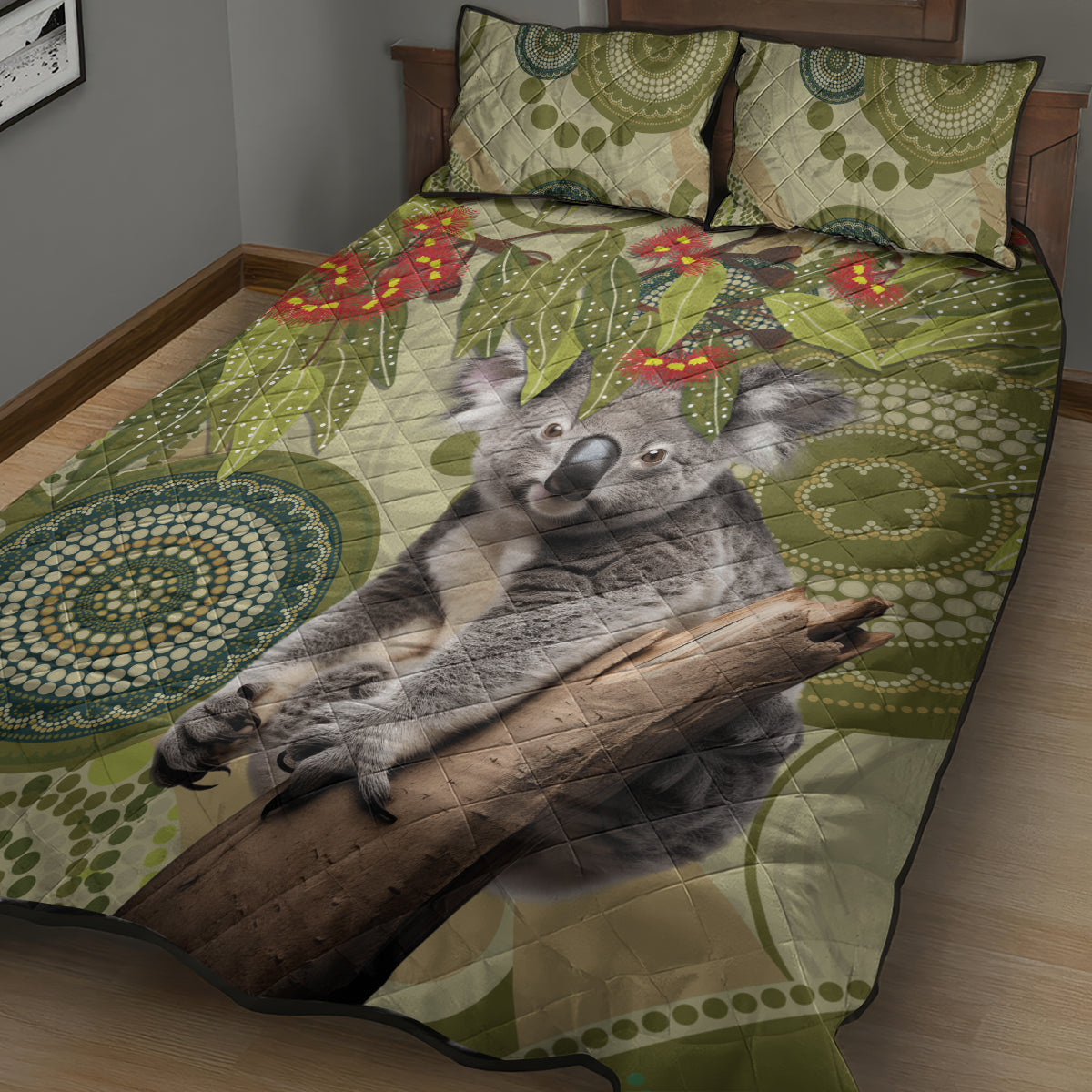 Aboriginal Koala Art Painting With Gum Blossom Quilt Bed Set