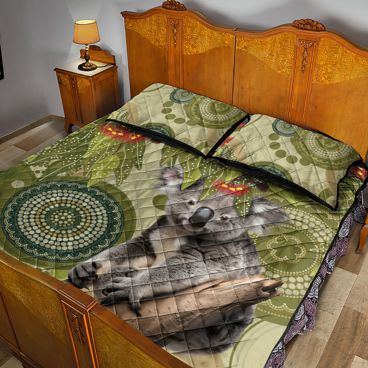 Aboriginal Koala Art Painting With Gum Blossom Quilt Bed Set
