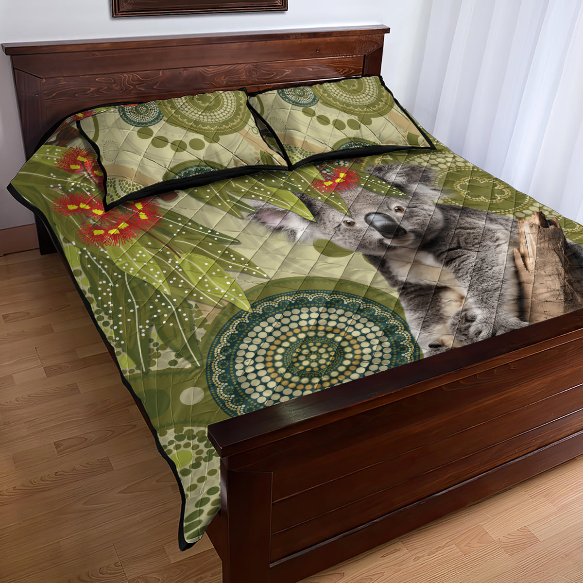 Aboriginal Koala Art Painting With Gum Blossom Quilt Bed Set