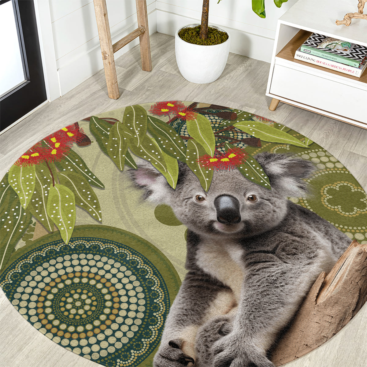 Aboriginal Koala Art Painting With Gum Blossom Round Carpet