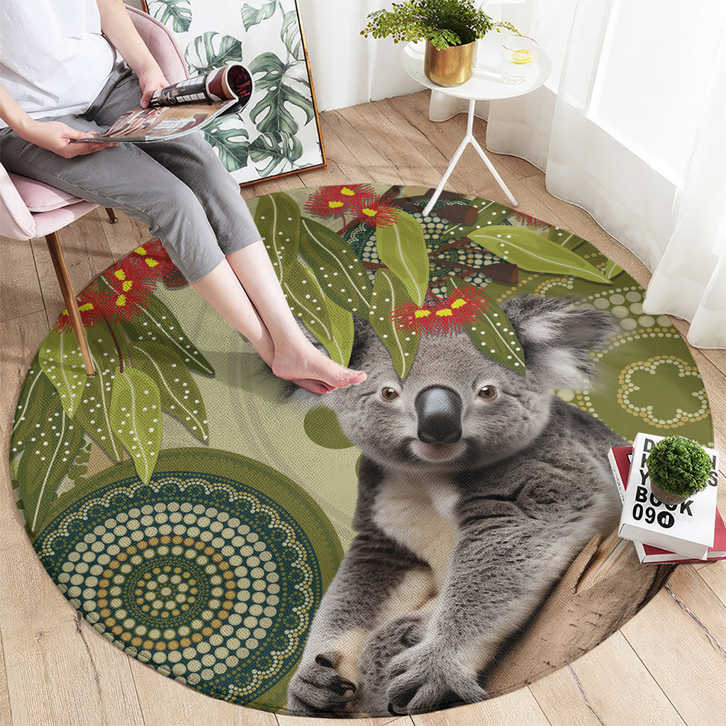 Aboriginal Koala Art Painting With Gum Blossom Round Carpet