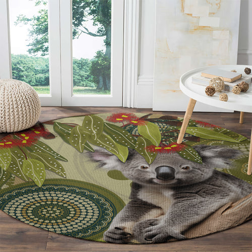 Aboriginal Koala Art Painting With Gum Blossom Round Carpet