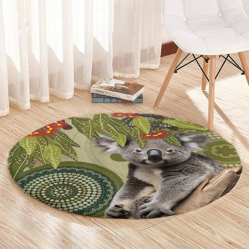 Aboriginal Koala Art Painting With Gum Blossom Round Carpet