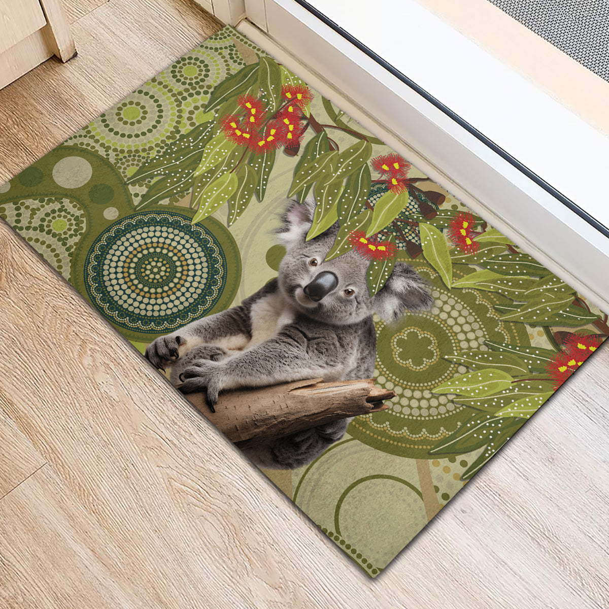 Aboriginal Koala Art Painting With Gum Blossom Rubber Doormat